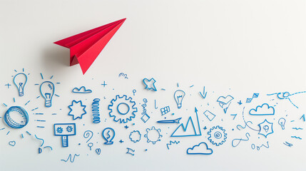 Red Paper Plane Taking Off with Blue Strategy Doodle Icons