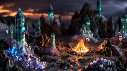 Craft a clay sculpture depicting a pixel art campfire glowing amid opulent jewels in a barren, unforgiving landscape