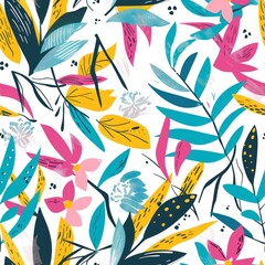 Abstract floral seamless pattern with stylized blooms and foliage in a bold palette of fuchsia - obrazy, fototapety, plakaty