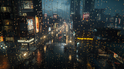 A view of the city through glass on a rainy night
 - obrazy, fototapety, plakaty