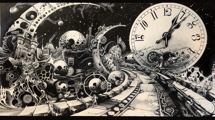 Craft a whimsical pen and ink drawing of a paradoxical situation where time is distorted, blending different eras together to symbolize the complexity of human perception