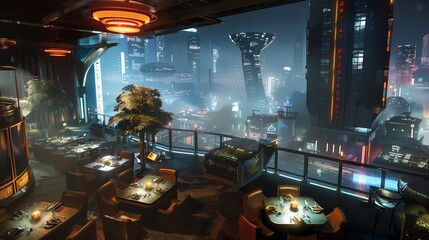Create a digital photorealistic rendering capturing intimate dinners from a birds-eye view, set in a SciFi world filled with advanced technologies Experiment with unexpected camera angles to evoke cur