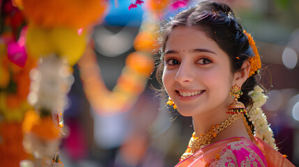 makar sankranti, diwali, lohri indian traditional festival background, happy smiling beautiful indian woman in punjab traditional dress	