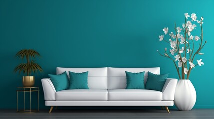 A modern white sofa against a striking teal 3D wall, contrasting beautifully to create a vibrant living space.