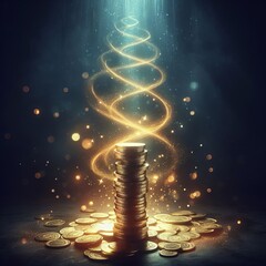 Obraz premium An imaginative depiction of a pile of coins emitting a swirling golden glow, symbolizing wealth and financial growth.. AI Generation