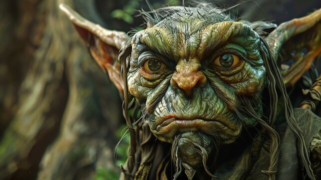 Delve into the underworld with a close-up shot of a mischievous goblin leaving clues, combining traditional art with a touch of surrealism for a captivating mystery vibe