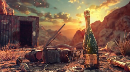 Illustrate a digital glitch art representation of a high-end champagne bottle among rugged survival gear in a post-apocalyptic setting - obrazy, fototapety, plakaty