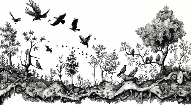 Illustrate a comical scenario of a clumsy conservationist trying to plant trees, with birds stealing the saplings, using detailed pen and ink technique
