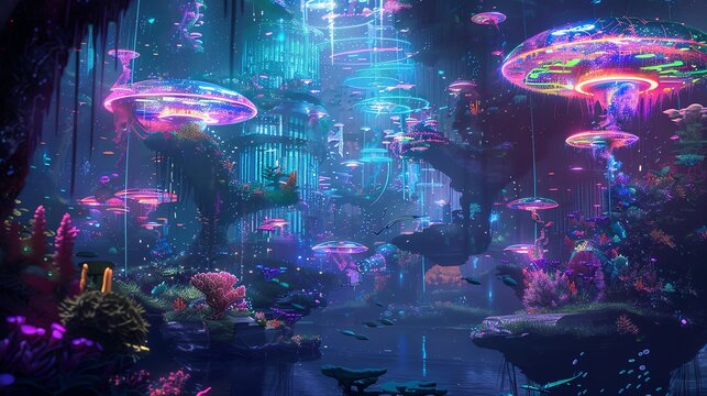 Illustrate a digital rendering of a sci-fi utopia beneath the waves, featuring neon-lit structures blending seamlessly with schools of robotic fish and AI-controlled coral gardens