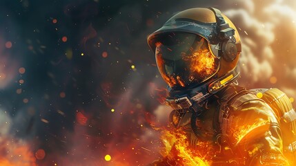 Illustrate galactic firefighters in futuristic suits battling vivid space wildfires using dynamic, surrealistic art with vibrant colors Combine digital rendering techniques for a sci-fi twist - obrazy, fototapety, plakaty