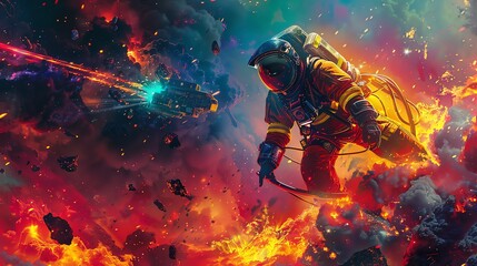 Illustrate galactic firefighters in futuristic suits battling vivid space wildfires using dynamic, surrealistic art with vibrant colors Combine digital rendering techniques for a sci-fi twist - obrazy, fototapety, plakaty