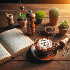 A rustic coffee setting with a cappuccino bearing the message Have a great day next to an open book.. AI Generation