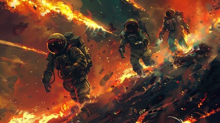 Illustrate galactic firefighters in futuristic suits battling vivid space wildfires using dynamic, surrealistic art with vibrant colors Combine digital rendering techniques for a sci-fi twist