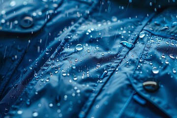 Close shot of waterproof raincoat in rainy water with space for text or product advertisement, Generative AI. - obrazy, fototapety, plakaty
