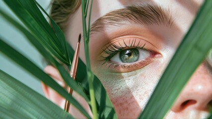 Portrait of a make up eye amidst green botanicals.