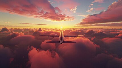 Commercial airplane flying above dramatic clouds during sunset - Powered by Adobe