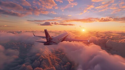 Commercial airplane flying above dramatic clouds during sunset