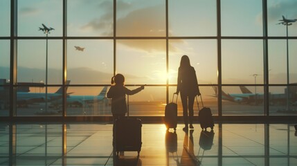 Family at airport traveling with young child and luggage walking to departure gate, girl pointing at airplanes through window, silhouette of people, abstract international air travel concept