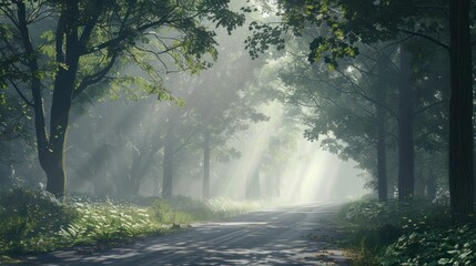 Naklejka premium Forest road with misty distance 