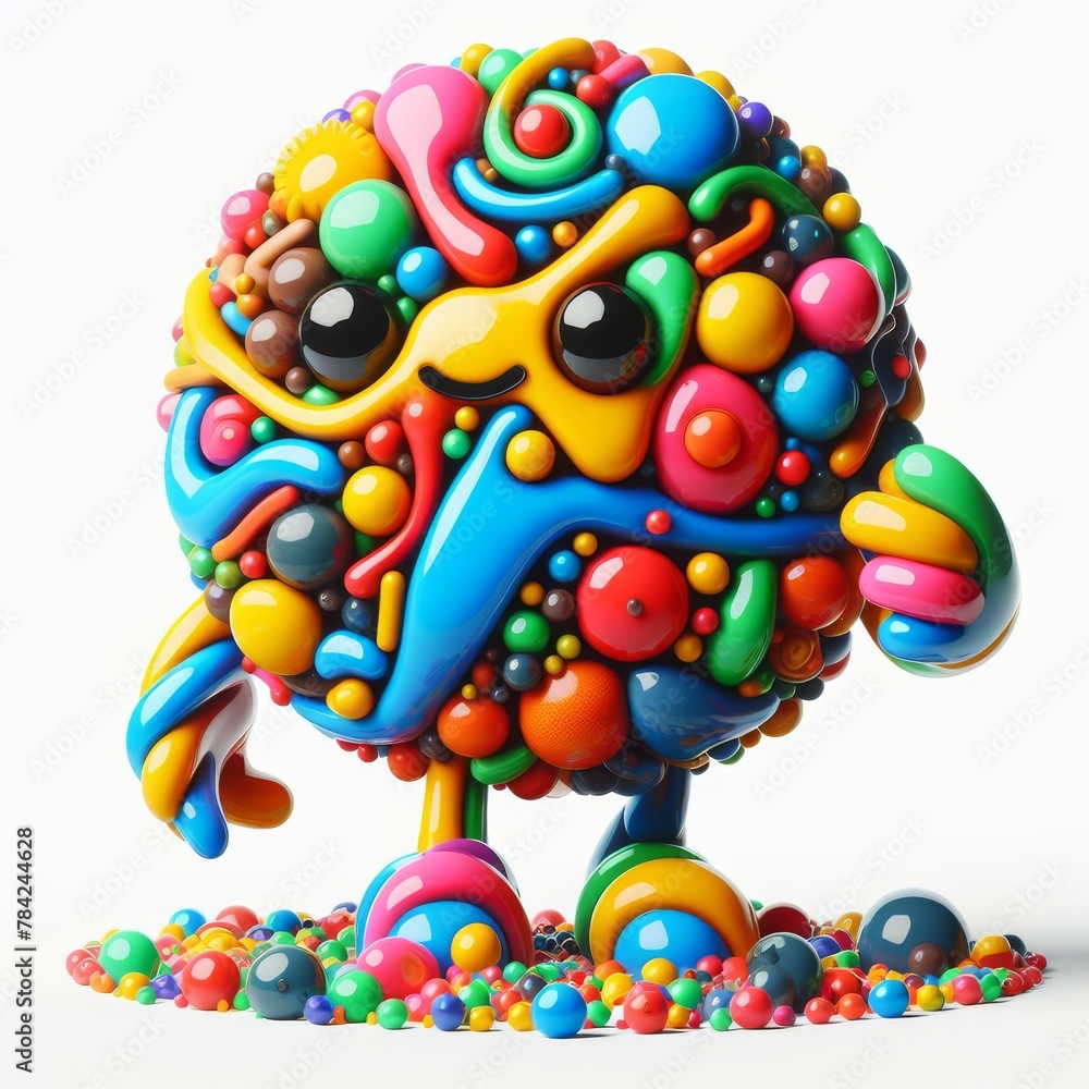 Poster a vibrant, surreal tree with a brain-like canopy made of colorful shapes, evoking creativity and com