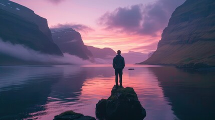 One man contemplating the sky at dawn standing on rocks above a fjord, 