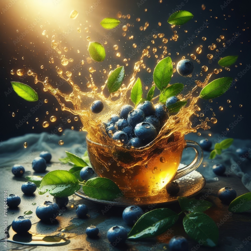 Poster a vivid splash of tea with blueberries frozen mid-air against a dark backdrop, capturing a moment of