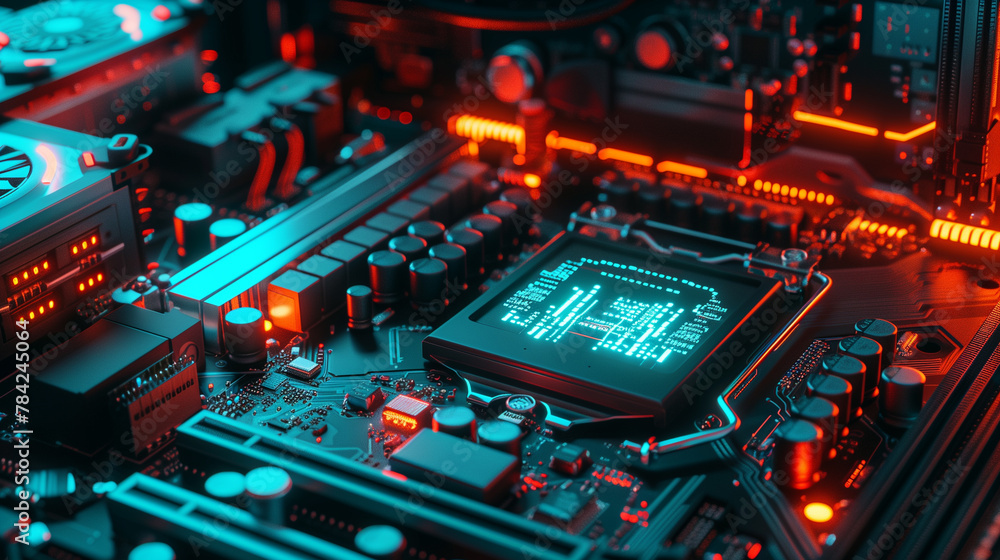Aufkleber close up of computer processor in motherboard, modern artificial intelligence technology background