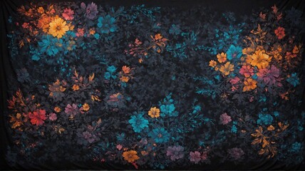 Colorful floral pattern on black background.