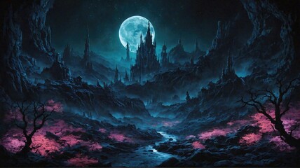 Fantasy landscape with dark forest, full moon and stars.