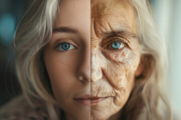 Portrait of woman with clean skin and wrinkles on her face. The concept of aging. - obrazy, fototapety, plakaty