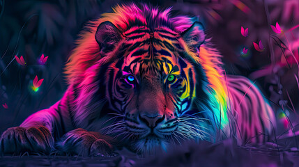 Colorful abstract tiger on dark background. - obrazy, fototapety, plakaty