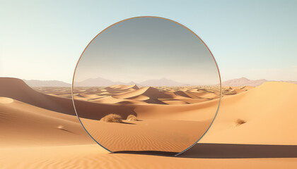 Fototapeta na wymiar abstract modern minimal panoramic background with round mirror in desert landscape with sand dunes
