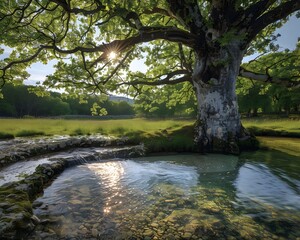 Ancient Tree s Mystical Roots Weaving Magic into Crystal Spring of Sacred Wilderness