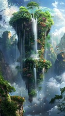 Cascading Waterfalls Amid Floating Mystical Mountains and Lush Tropical Flora