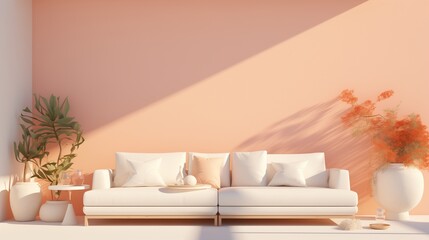 A serene living space with a plush white sofa set against a gentle peach 3D wall, providing a tranquil retreat from the outside world.