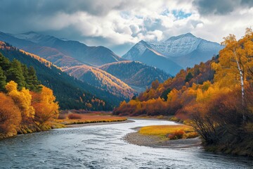 Autumn landscape of a mountain river, yellow trees, mountains and sky. The concept for the development of tourism, mountaineering, skiing, rock climbing, excursions in the mountains.  

