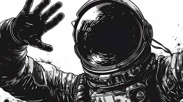 An astronaut in a spacesuit waves to the camera as if inviting you to join him on a space adventure. The picture is in black and white. Illustration for cover, card, postcard, interior design or print