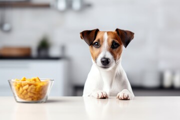 Close up puppy eating food in sunlit kitchen, concept of pet care, animal behavior with copyspace
