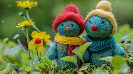 Obraz premium Two funny fairy tale characters in a forest glade surrounded by flowers and grass. Toys made of wool by felting technology. Fairy-tale character. Handmade. Design for cover, card, postcard, etc.
