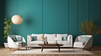 A serene lounge space adorned with a cozy white sofa against a captivating teal 3D wall, providing a tranquil retreat. - obrazy, fototapety, plakaty