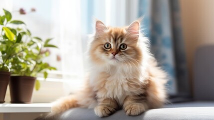 Cute kitty lies on a comfortable sofa in a modern bright living room
