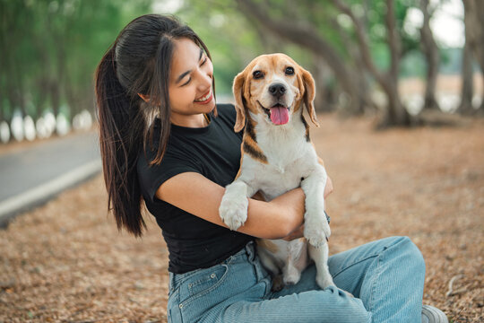 Happy asian woman playing with dog together in public park outdoors, Friendship between human and their pet