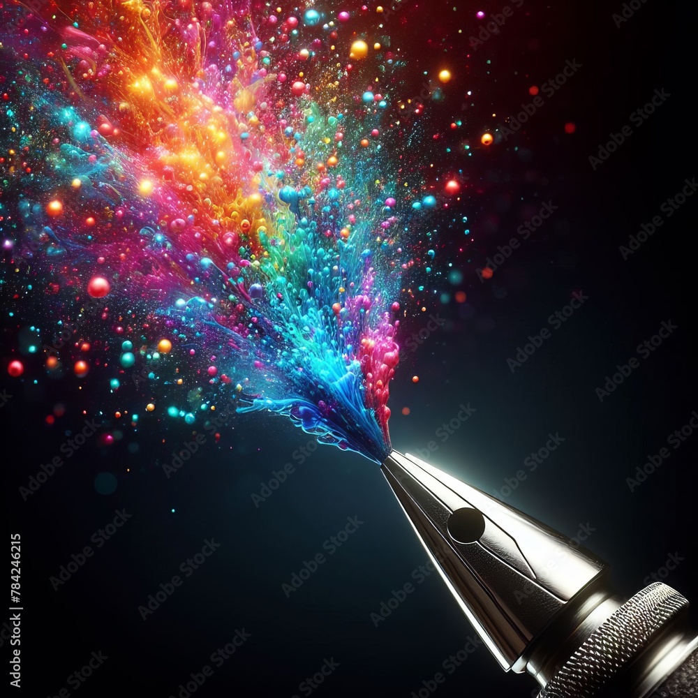 Poster a vibrant burst of multicolored ink splashes from a fountain pen, symbolizing creativity and the pow