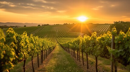 The setting sun casts a golden glow over row upon row of grapevines in a sprawling vineyard, symbolizing a rich harvest season. Resplendent. - obrazy, fototapety, plakaty