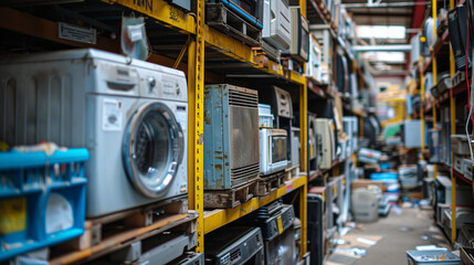 Used home appliances on shelves of a repair shop.