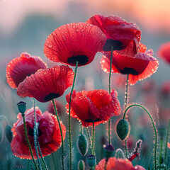 Obraz premium Red Poppies with Morning Dew at Sunrise