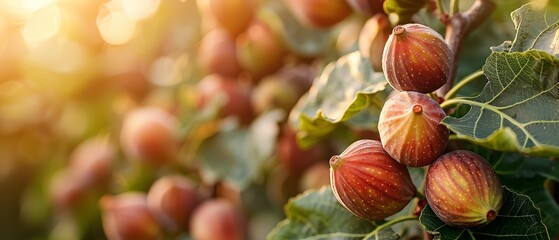 Close shot of fig fruits hanging on tree with a big blurry backdrop for text or product advertisement, Generative AI. - obrazy, fototapety, plakaty