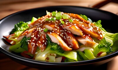 Asian-style salad featuring crisp lettuce, sliced chicken glazed with teriyaki sauce, intertwined with green beans speckled with sesame seeds, arranged meticulously on a contemporary ceramic plate, ba
