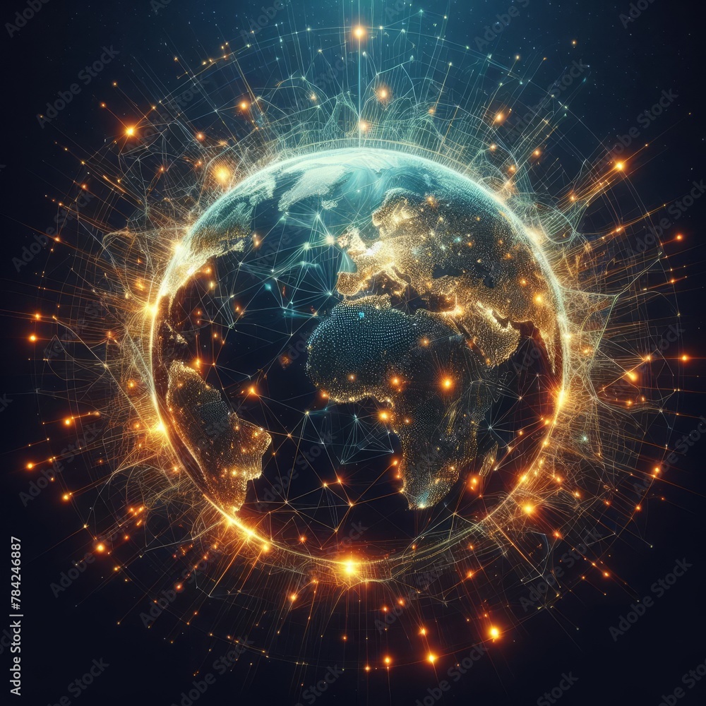 Poster this digital illustration depicts a stylized view of the earth with glowing network connections, sym