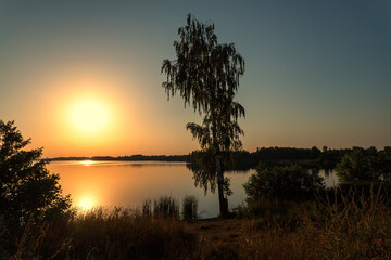 Scenic view of beautiful sunset or sunrise above the pond or lake at spring or early summer evening background and reed grass at foreground. Water reflection.